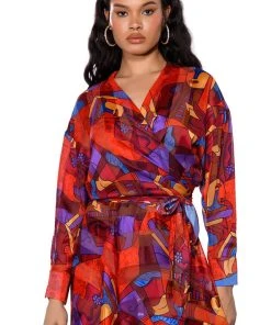 AESTHETIC SCARF PRINT TIE FRONT BLOUSE