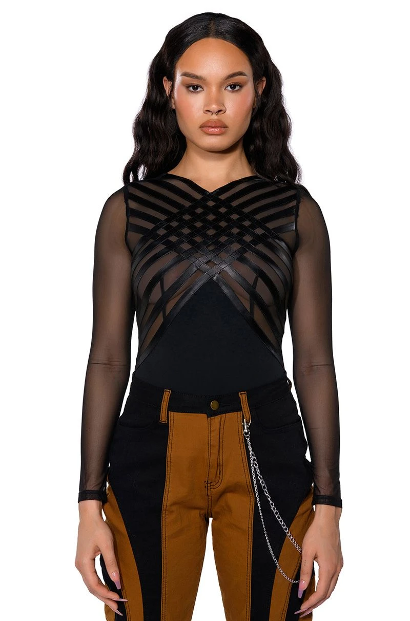 AFTER DARK FAUX LEATHER PANEL LONG SLEEVE MESH BODYSUIT - Image 4