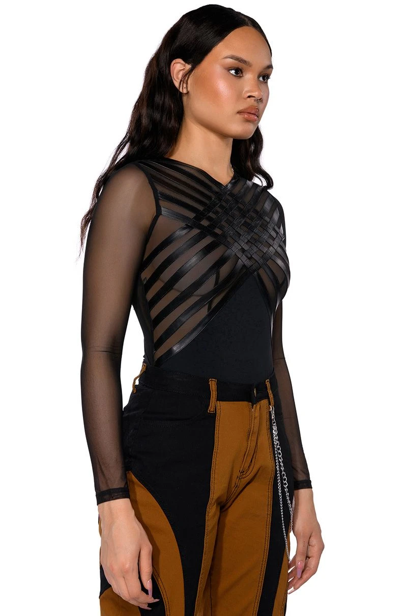 AFTER DARK FAUX LEATHER PANEL LONG SLEEVE MESH BODYSUIT - Image 5