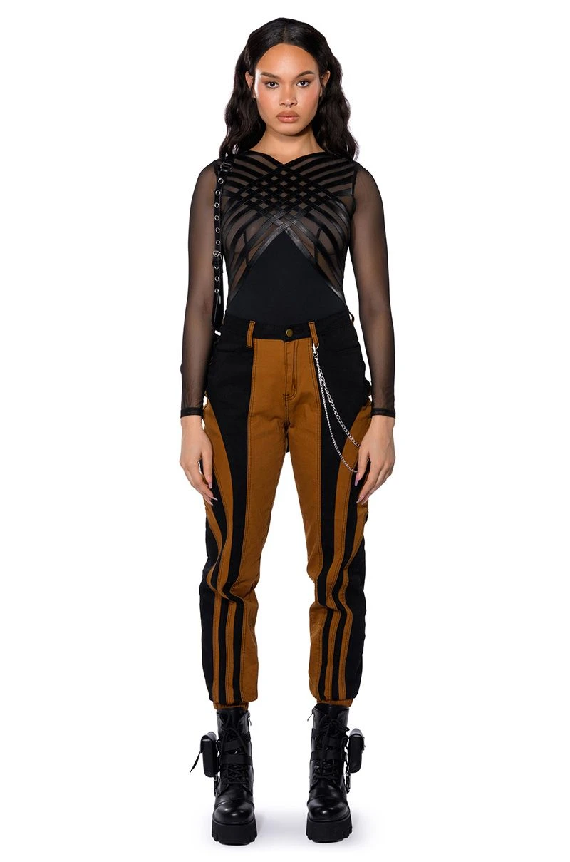 AFTER DARK FAUX LEATHER PANEL LONG SLEEVE MESH BODYSUIT - Image 6