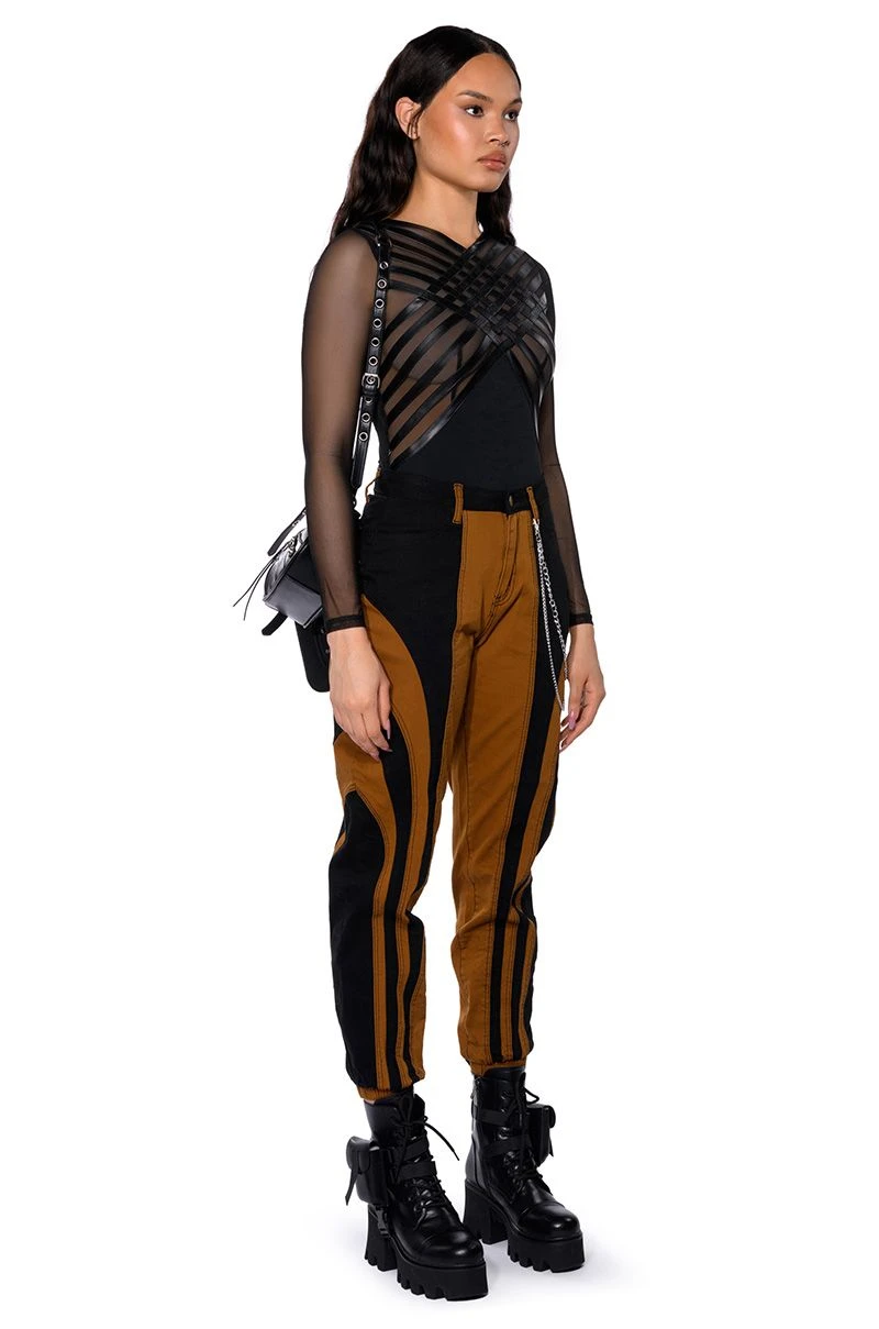 AFTER DARK FAUX LEATHER PANEL LONG SLEEVE MESH BODYSUIT - Image 7