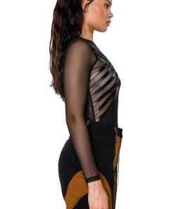 AFTER DARK FAUX LEATHER PANEL LONG SLEEVE MESH BODYSUIT