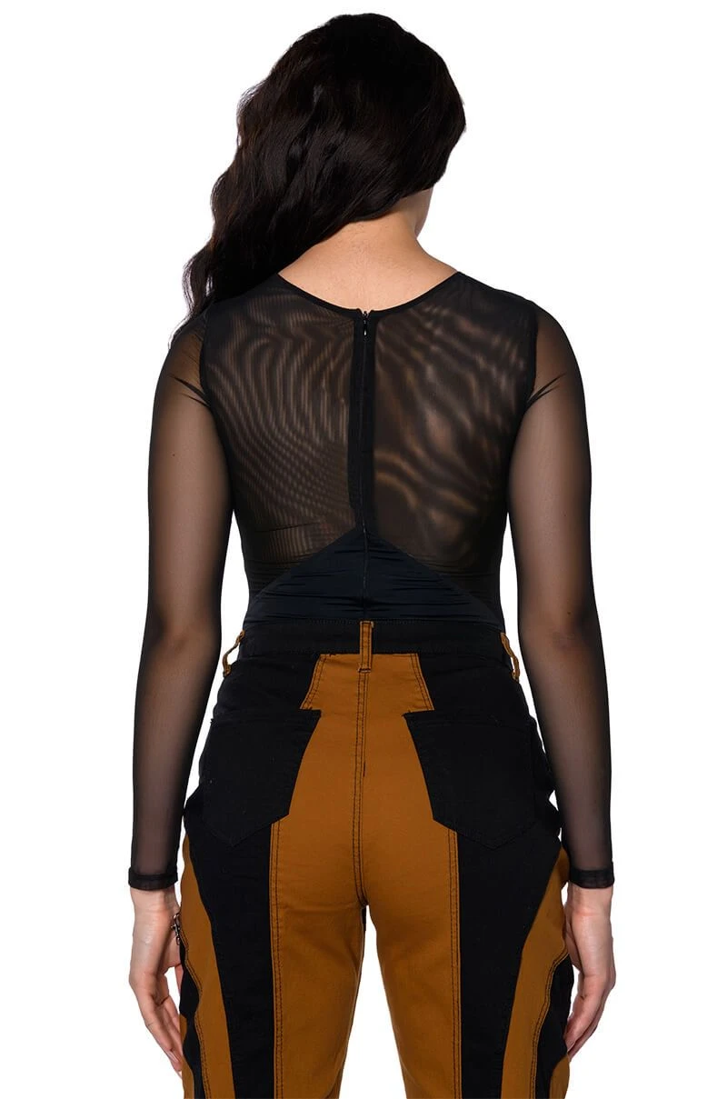 AFTER DARK FAUX LEATHER PANEL LONG SLEEVE MESH BODYSUIT - Image 2