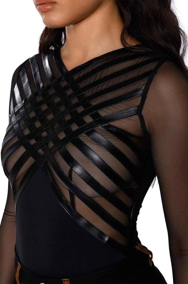 AFTER DARK FAUX LEATHER PANEL LONG SLEEVE MESH BODYSUIT - Image 3