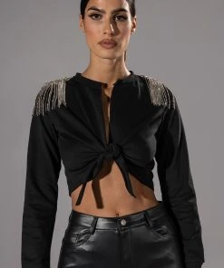 ALIGNED RHINESTONE SHOULDER WRAP SWEATSHIRT