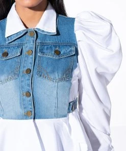 ALL ABOUT YOU DENIM TOP WITH SATIN CONTRAST 14 ALL ABOUT YOU DENIM TOP WITH SATIN CONTRAST -AKIRA pant-shop all about you denim top with satin contrast white 6 6