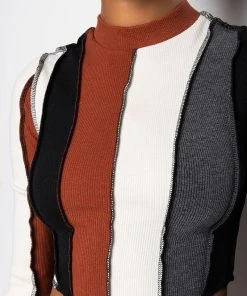 ALL DAY CONTRAST TRIM TURTLENECK TEE -AKIRA pant-shop all day contrast trim turtleneck tee brown multi 6 6