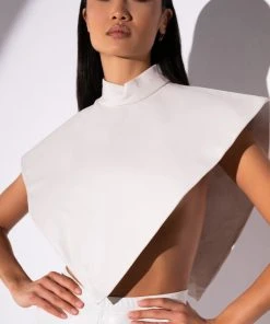 ARIA FAUX LEATHER MOCK NECK TRIANGLE BLOUSE