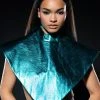 ARIA METALLIC FAUX LEATHER MOCK NECK TRIANGLE BLOUSE 2 ARIA METALLIC FAUX LEATHER MOCK NECK TRIANGLE BLOUSE -AKIRA pant-shop aria metallic faux leather mock neck triangle blouse teal 1 1