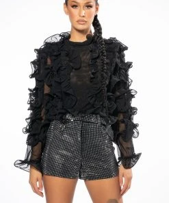 AT THE PREMIERE RUFFLE DETAIL LONG SLEEVE BLOUSE -AKIRA pant-shop at the premiere ruffle detail long sleeve blouse black 4 4