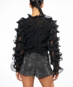 AT THE PREMIERE RUFFLE DETAIL LONG SLEEVE BLOUSE -AKIRA pant-shop at the premiere ruffle detail long sleeve blouse black 6 6