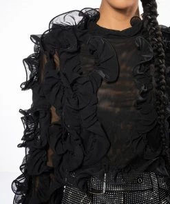 AT THE PREMIERE RUFFLE DETAIL LONG SLEEVE BLOUSE -AKIRA pant-shop at the premiere ruffle detail long sleeve blouse black 7 7