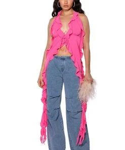 AZARI RUFFLED HIGH LOW SLEEVELESS BLOUSE