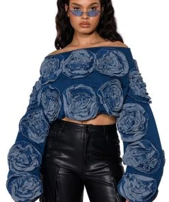 BOUQUET WISHES DENIM OFF THE SHOULDER SWEATSHIRT