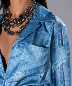CALL IT WHAT YOU WANT DENIM PRINT BUTTON DOWN AND WRAP SKIRT SET -AKIRA pant-shop call it what you want denim print button down and wrap skirt set blue 12 12