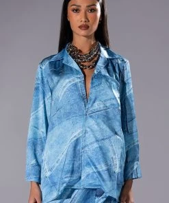 CALL IT WHAT YOU WANT DENIM PRINT BUTTON DOWN AND WRAP SKIRT SET -AKIRA pant-shop call it what you want denim print button down and wrap skirt set blue 5 5