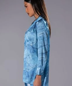 CALL IT WHAT YOU WANT DENIM PRINT BUTTON DOWN AND WRAP SKIRT SET -AKIRA pant-shop call it what you want denim print button down and wrap skirt set blue 7 7