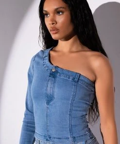 CAN'T DENY ONE SLEEVE DENIM TOP