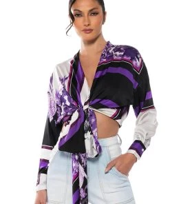 COLORFUL TIE FRONT SATIN BLOUSE