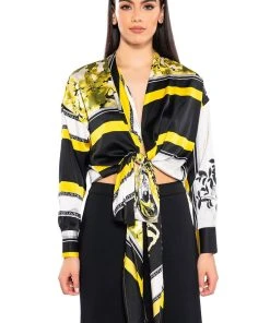 COLORFUL TIE FRONT SATIN BLOUSE