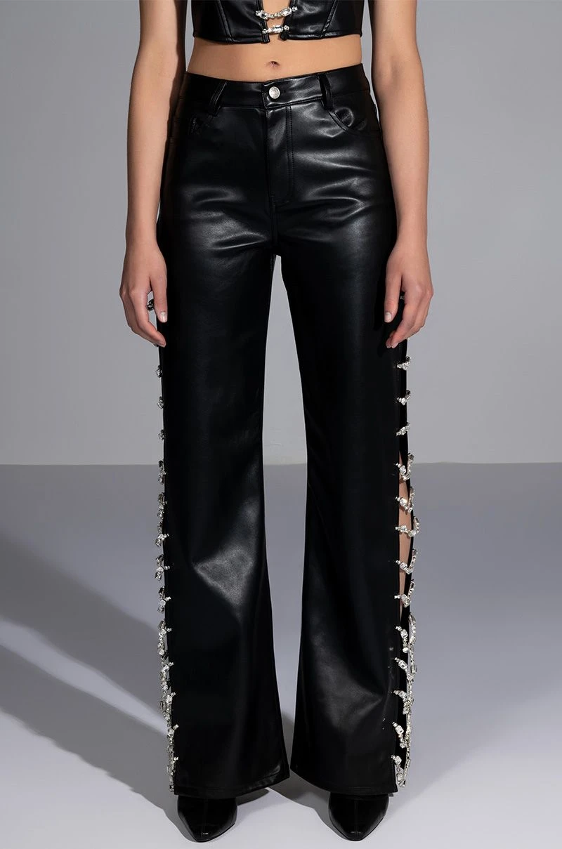 COVERED IN ICE FAUX LEATHER RHINESTONE PANT
