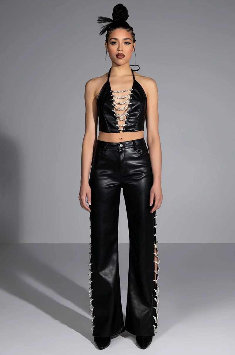 COVERED IN ICE FAUX LEATHER RHINESTONE PANT - Image 3