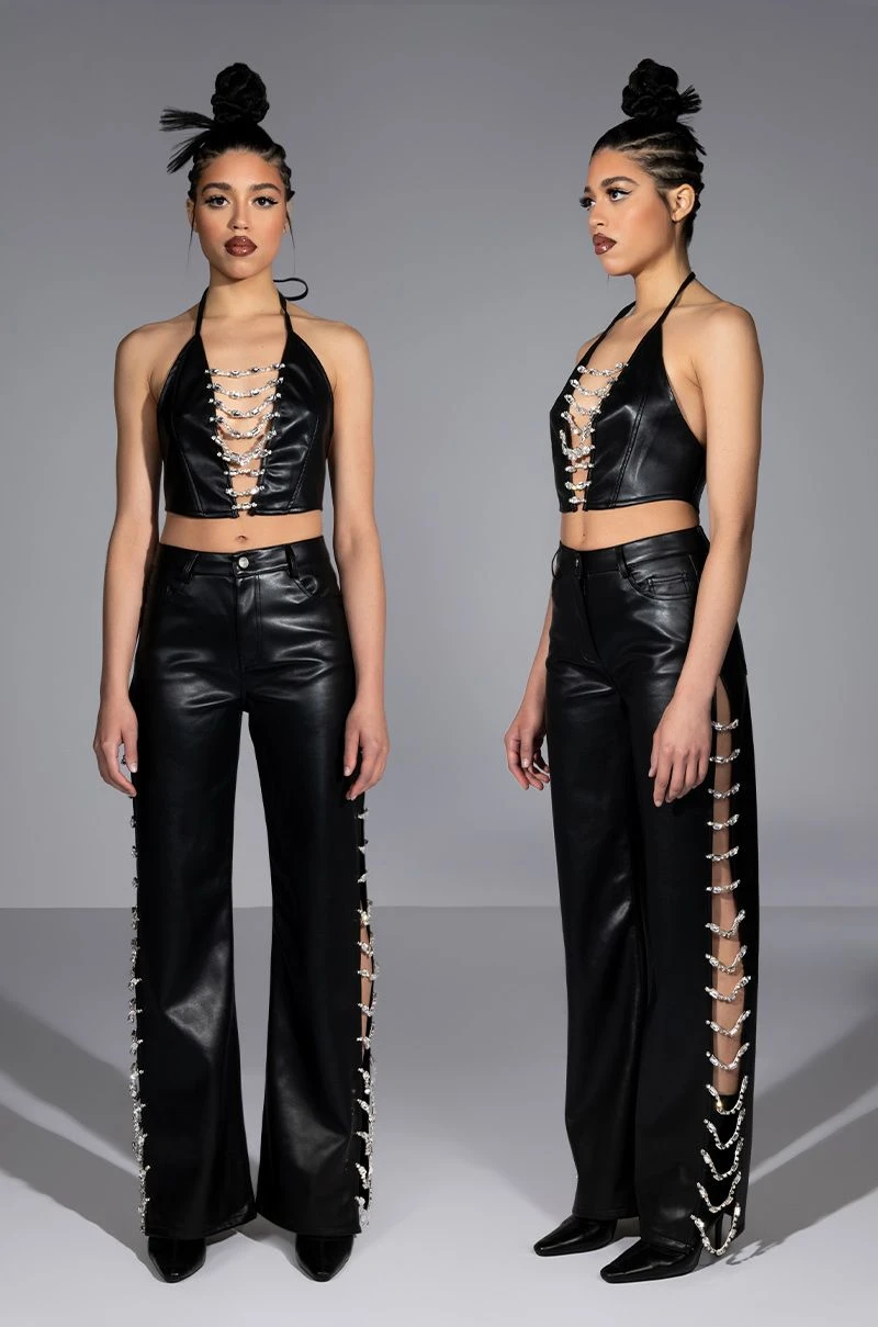 COVERED IN ICE FAUX LEATHER RHINESTONE PANT - Image 5