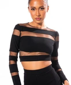 CUT TO THE CHASE MESH PANEL LONG SLEEVE CREW NECK TOP