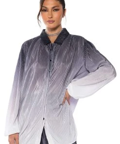 DAY TO NIGHT PLEATED SATIN BUTTON DOWN IN BLACK WHITE