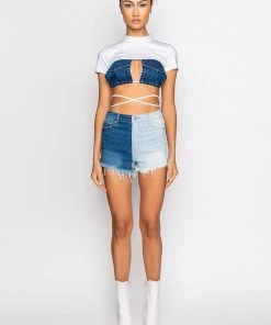 DEPENDS ON MY MOOD TWO TONE HIGH RISE FRAYED JEAN SHORTS -AKIRA pant-shop depends on my mood two tone high rise frayed jean shorts medium blue denim 14 14
