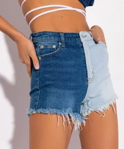 DEPENDS ON MY MOOD TWO TONE HIGH RISE FRAYED JEAN SHORTS -AKIRA pant-shop depends on my mood two tone high rise frayed jean shorts medium blue denim 4 4