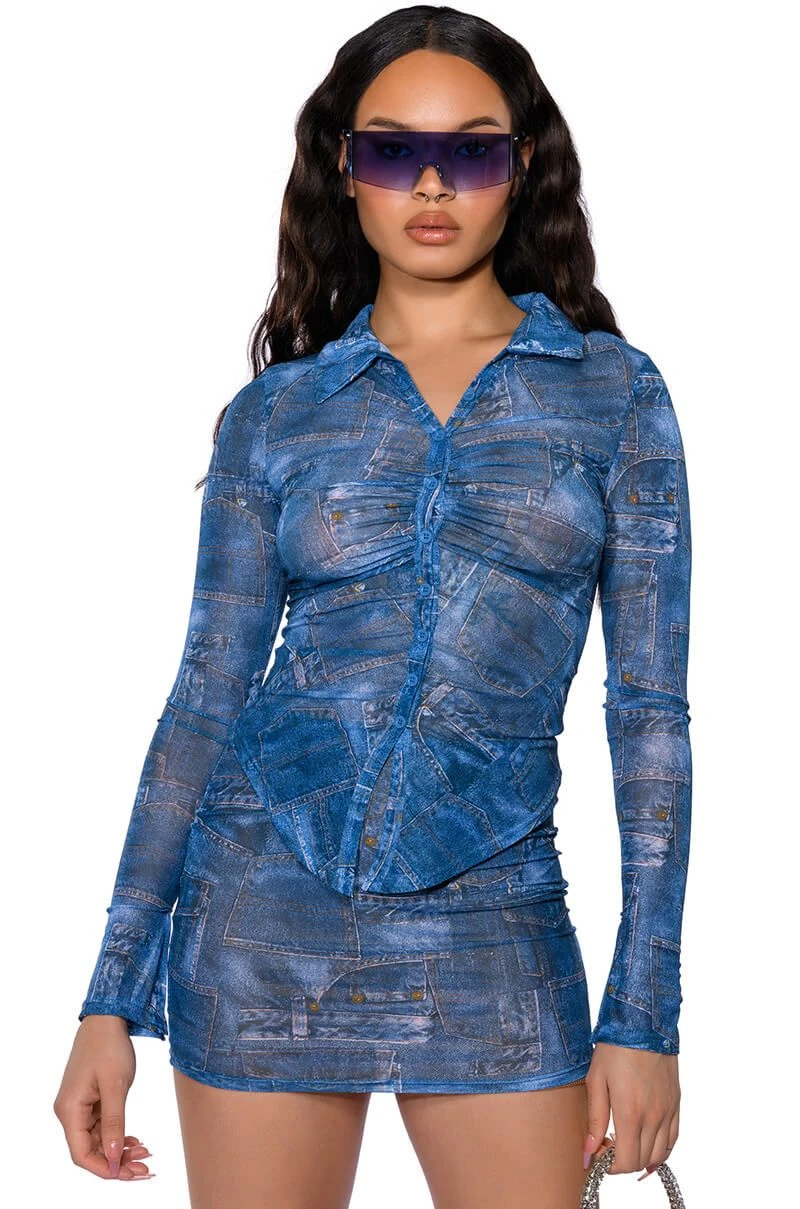 DIFFERENT THAN YOU DENIM PRINT MESH BUTTON DOWN 3 DIFFERENT THAN YOU DENIM PRINT MESH BUTTON DOWN