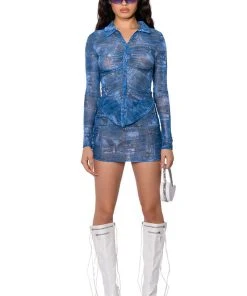 DIFFERENT THAN YOU DENIM PRINT MESH BUTTON DOWN 11 DIFFERENT THAN YOU DENIM PRINT MESH BUTTON DOWN -AKIRA pant-shop different than you denim print mesh button down blue multi 3 3