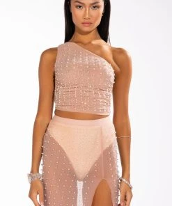 DISCO DOLL EMBELLISHED ONE SHOULDER MESH CROP TOP 12 DISCO DOLL EMBELLISHED ONE SHOULDER MESH CROP TOP -AKIRA pant-shop disco doll embellished one shoulder mesh crop top light brown 3 3