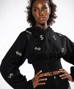 DOLLARS ON MY MIND CROPPED RHINESTONE SWEATSHIRT