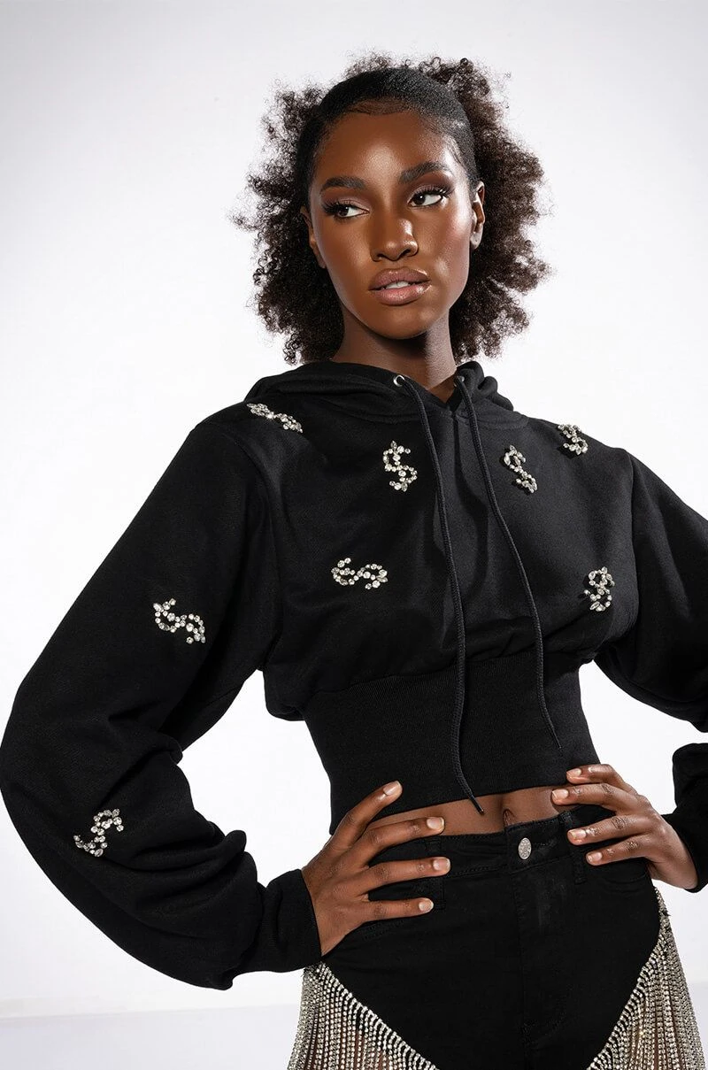 DOLLARS ON MY MIND CROPPED RHINESTONE SWEATSHIRT