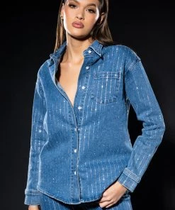 EFFORTLESS GLAM RHINESTONE STRIPE BUTTON DOWN SHIRT