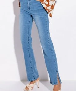 ELEVATED MID RISE STUD SLIT STRAIGHT JEANS