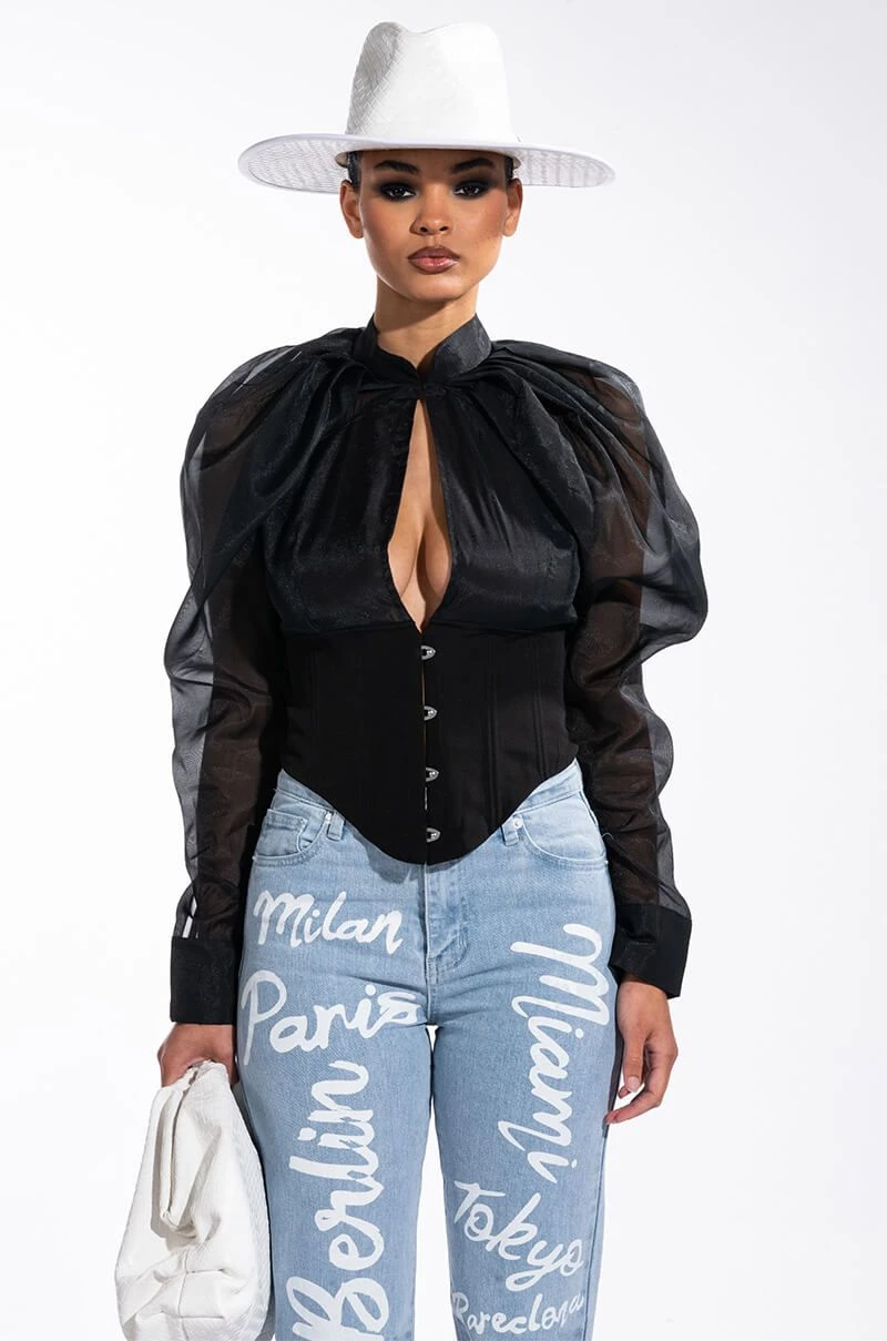 ENVIOUS CUTOUT LONG SLEEVE CORSET BLOUSE - Image 3
