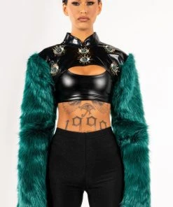 EYE OF THE BEHOLDER FAUX FUR LONG SLEEVE CROP TOP 13 EYE OF THE BEHOLDER FAUX FUR LONG SLEEVE CROP TOP -AKIRA pant-shop eye of the beholder faux fur long sleeve crop top green multi 4 4