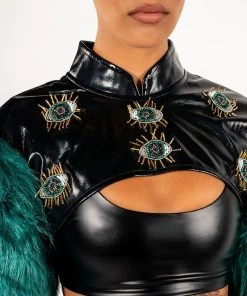 EYE OF THE BEHOLDER FAUX FUR LONG SLEEVE CROP TOP 16 EYE OF THE BEHOLDER FAUX FUR LONG SLEEVE CROP TOP -AKIRA pant-shop eye of the beholder faux fur long sleeve crop top green multi 7 7
