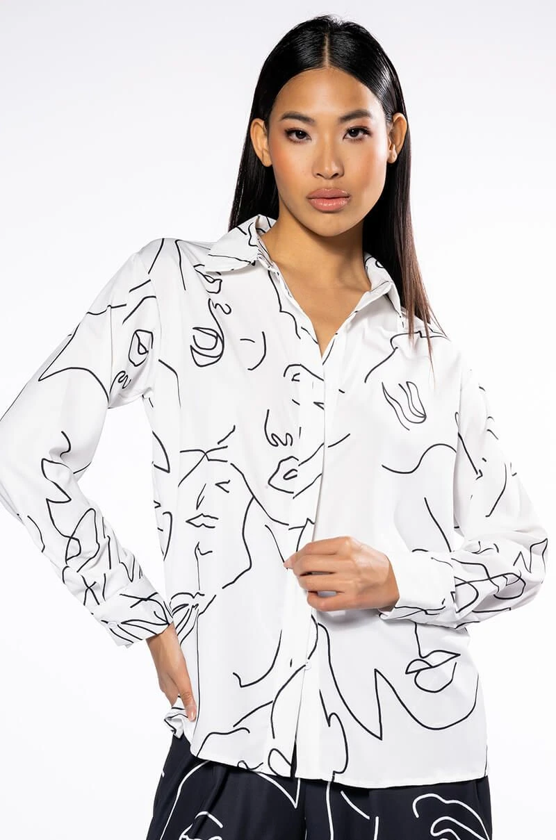 FACES BUTTON DOWN BLOUSE 3 FACES BUTTON DOWN BLOUSE