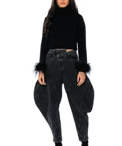 FANCY HUH FEATHER CUFF MOCK NECK SWEATER 11 FANCY HUH FEATHER CUFF MOCK NECK SWEATER -AKIRA pant-shop fancy huh feather cuff mock neck sweater black 3 3