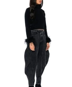 FANCY HUH FEATHER CUFF MOCK NECK SWEATER 12 FANCY HUH FEATHER CUFF MOCK NECK SWEATER -AKIRA pant-shop fancy huh feather cuff mock neck sweater black 4 4