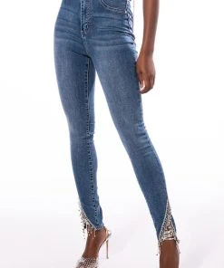 FLEX FIT EXTREME STRETCH HIGH RISE SKINNY JEANS WITH RHINESTONE ANKLE DETAILING