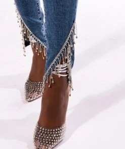 FLEX FIT EXTREME STRETCH HIGH RISE SKINNY JEANS WITH RHINESTONE ANKLE DETAILING -AKIRA pant-shop flex fit extreme stretch high rise skinny jeans with rhinestone ankle detailing medium blue denim 6 6