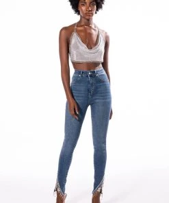 FLEX FIT EXTREME STRETCH HIGH RISE SKINNY JEANS WITH RHINESTONE ANKLE DETAILING -AKIRA pant-shop flex fit extreme stretch high rise skinny jeans with rhinestone ankle detailing medium blue denim 7 7