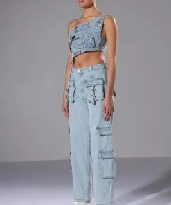 FOR REAL BUCKLE DETAIL DENIM CROP TOP -AKIRA pant-shop for real buckle detail denim crop top light blue 4 4 c1
