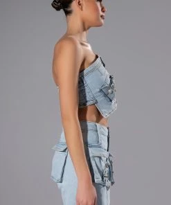 FOR REAL BUCKLE DETAIL DENIM CROP TOP -AKIRA pant-shop for real buckle detail denim crop top light blue 6 6