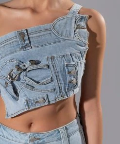 FOR REAL BUCKLE DETAIL DENIM CROP TOP -AKIRA pant-shop for real buckle detail denim crop top light blue 9 9